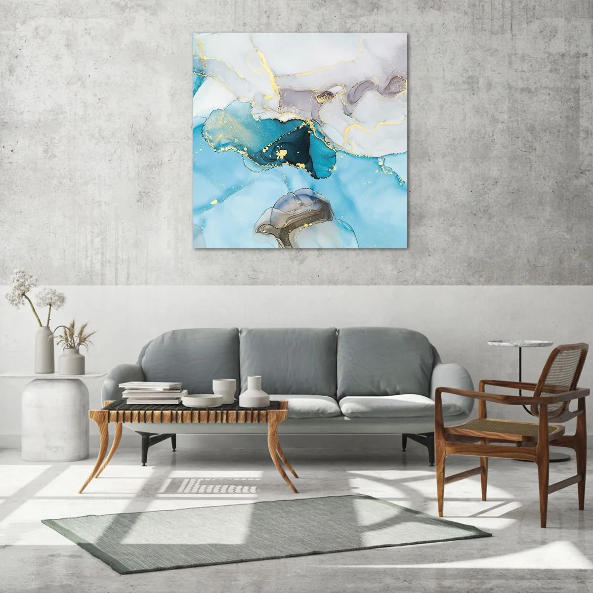 Glasbild - Bild auf glas - Eine Studie über das Zusammentreffen von Grau und Türkis - 70x70 cm