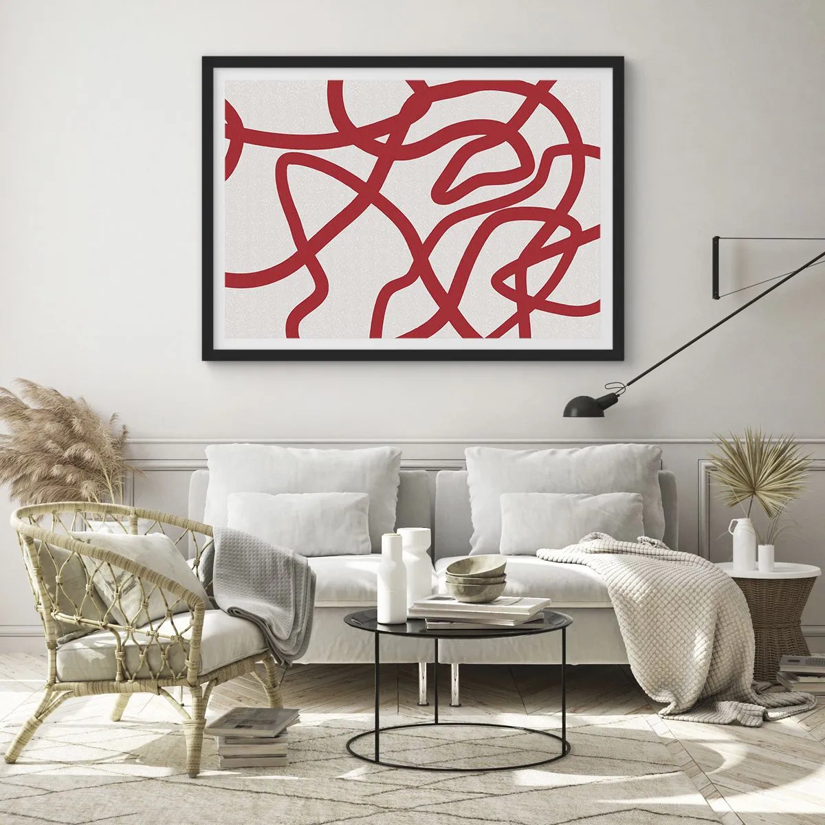 Poster in einem schwarzem Rahmen - Rote abstrakte Linien auf weißem Hintergrund - 100x70cm - Rot auf Weiß - Moderne Wanddekoration für Wohnzimmer und Schlafzimmer ARTTOR