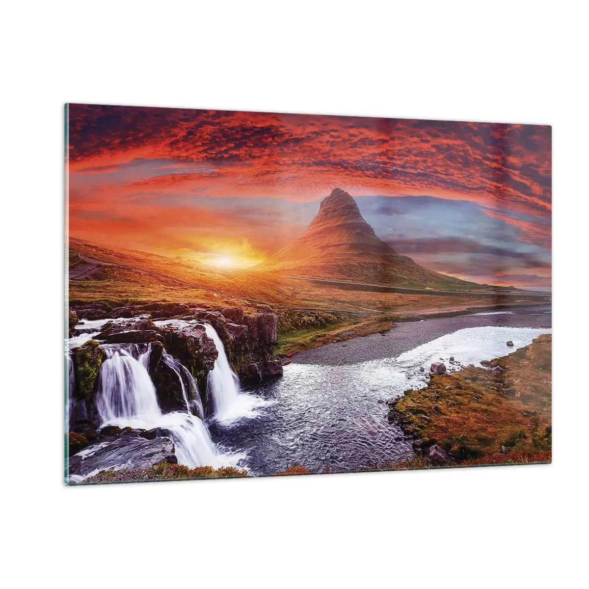 Glasbild - Bild auf glas - Berglandschaft mit Wasserfall und Sonnenuntergang - 120x80cm - Ein Blick auf Mittelerde - Moderne Wanddekoration für Wohnzimmer und Schlafzimmer ARTTOR