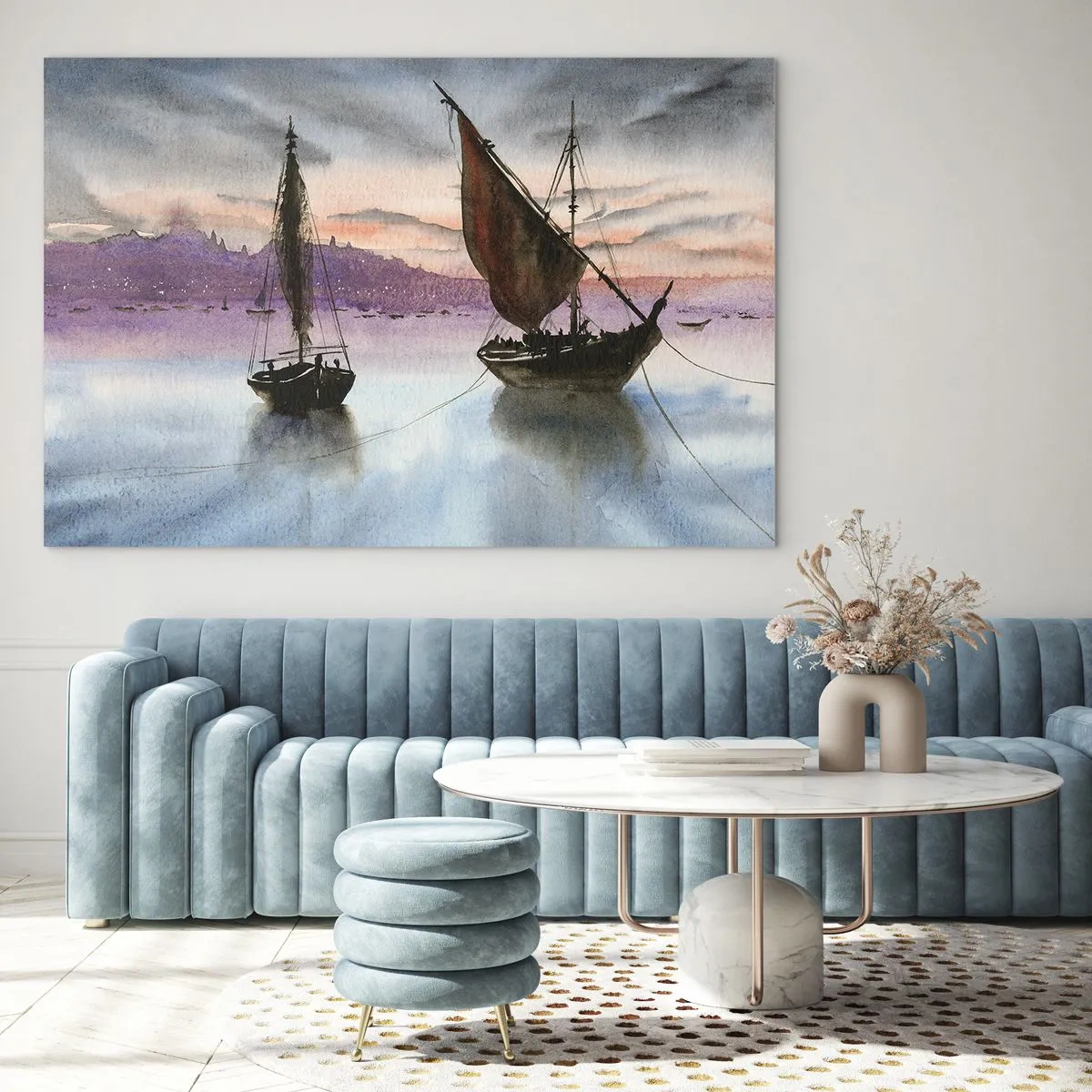 Glasbild - Bild auf glas - Zwei Segelboote auf ruhigem Wasser bei Sonnenuntergang - 70x50cm - Abend am Hafen - Moderne Wanddekoration für Wohnzimmer und Schlafzimmer ARTTOR