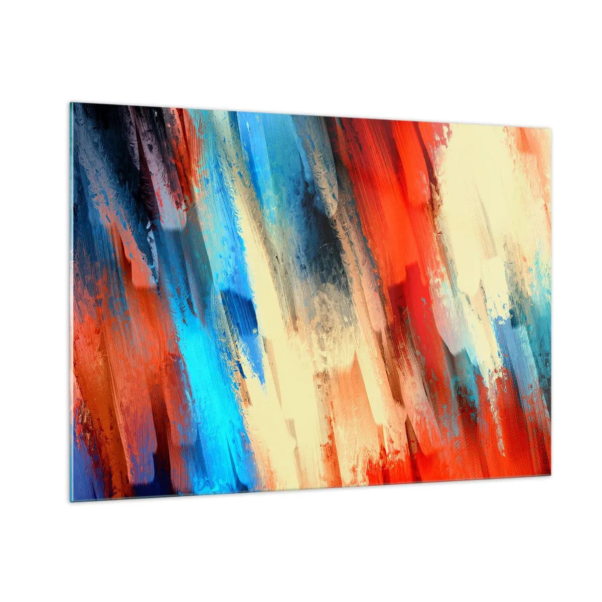 Glasbild - Bild auf glas - Abstrakte Pinselstriche in Blau-, Rot- und Beigetönen - 100x70cm - Eine Kaskade von Farben - Moderne Wanddekoration für Wohnzimmer und Schlafzimmer ARTTOR