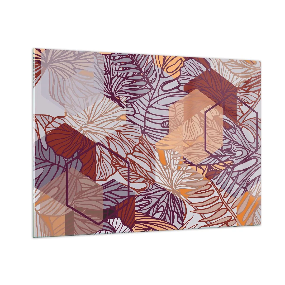 Glasbild - Bild auf glas - Grafische Blätter vor einem Hintergrund aus geometrischen Formen - 100x70cm - Unmögliche Beziehung zwischen Geometrie und Natur - Moderne Wanddekoration für Wohnzimmer und Schlafzimmer ARTTOR