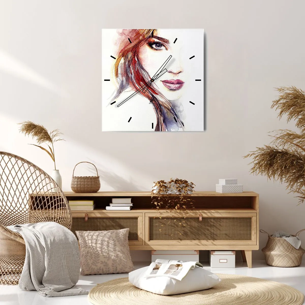 Wanduhr - Glasuhr - Ein subtiles Aquarell eines Frauengesichts mit ausdrucksstarkem Blick. - 30x30cm - Vademecum - folge mir - Moderne Wanddekoration für Wohnzimmer und Schlafzimmer ARTTOR