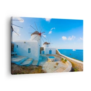 Bild auf Leinwand - Leinwandbild - Weiße Windmühlen an den Ufern des blauen Meeres - 70x50cm - Der blaue Wind vom Meer - Moderne Wanddekoration für Wohnzimmer und Schlafzimmer ARTTOR