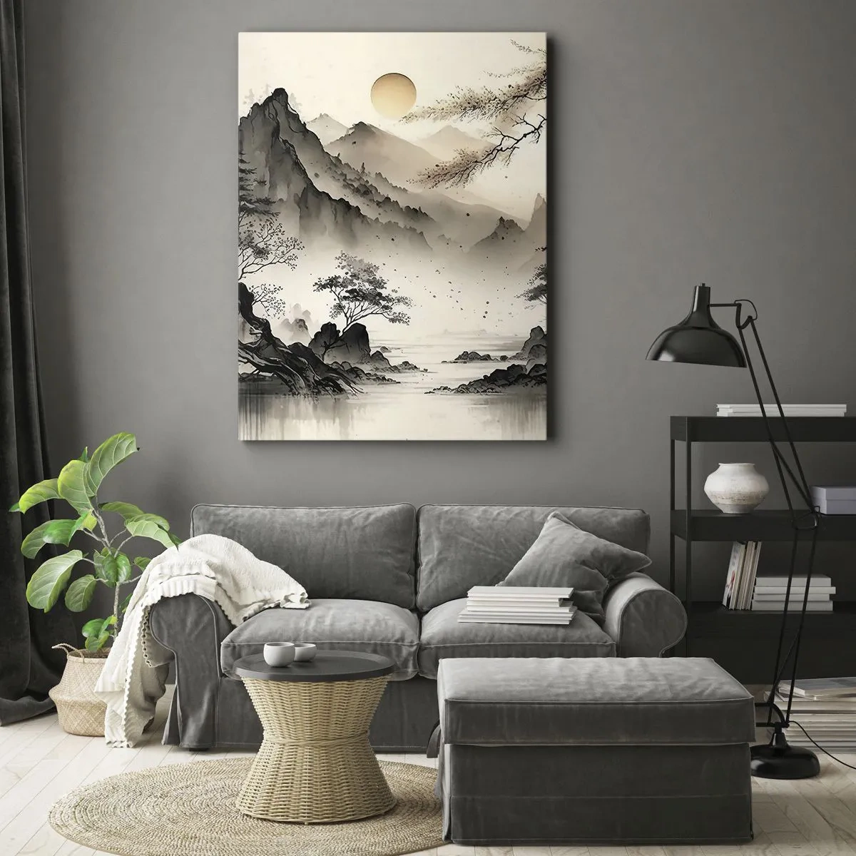 Bild auf Leinwand - Leinwandbild - Eine orientalische Landschaft mit Bergen und einer Pagode in zarten Farbtönen. - 50x70cm - Einzigartiger Charme des Orients - Moderne Wanddekoration für Wohnzimmer und Schlafzimmer ARTTOR