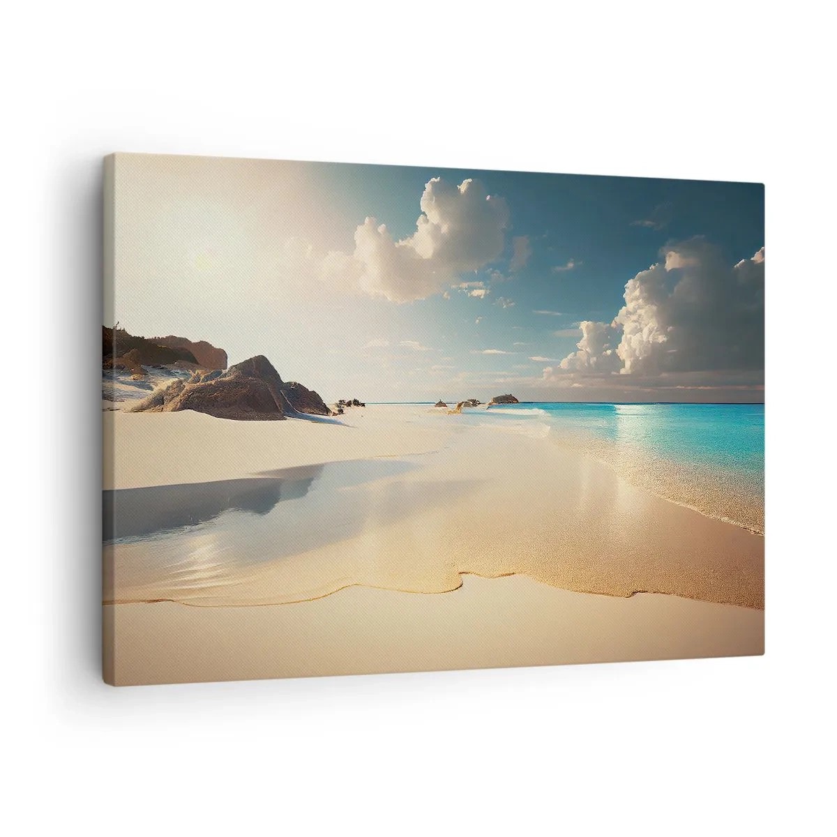 Bild auf Leinwand - Leinwandbild - Ein sonniger Strand mit blauem Meer und Felsen - 70x50cm - Erträumter Tag - Moderne Wanddekoration für Wohnzimmer und Schlafzimmer ARTTOR