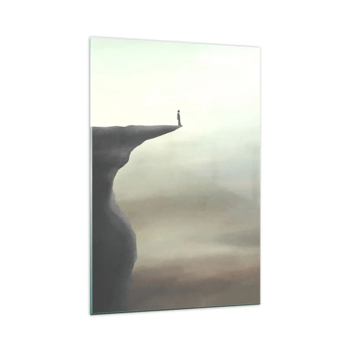 Glasbild - Bild auf glas - Silhouette einer Figur am Rand einer Klippe in einer nebligen Landschaft - 70x100cm - Nach oben, natürlich! - Moderne Wanddekoration für Wohnzimmer und Schlafzimmer ARTTOR