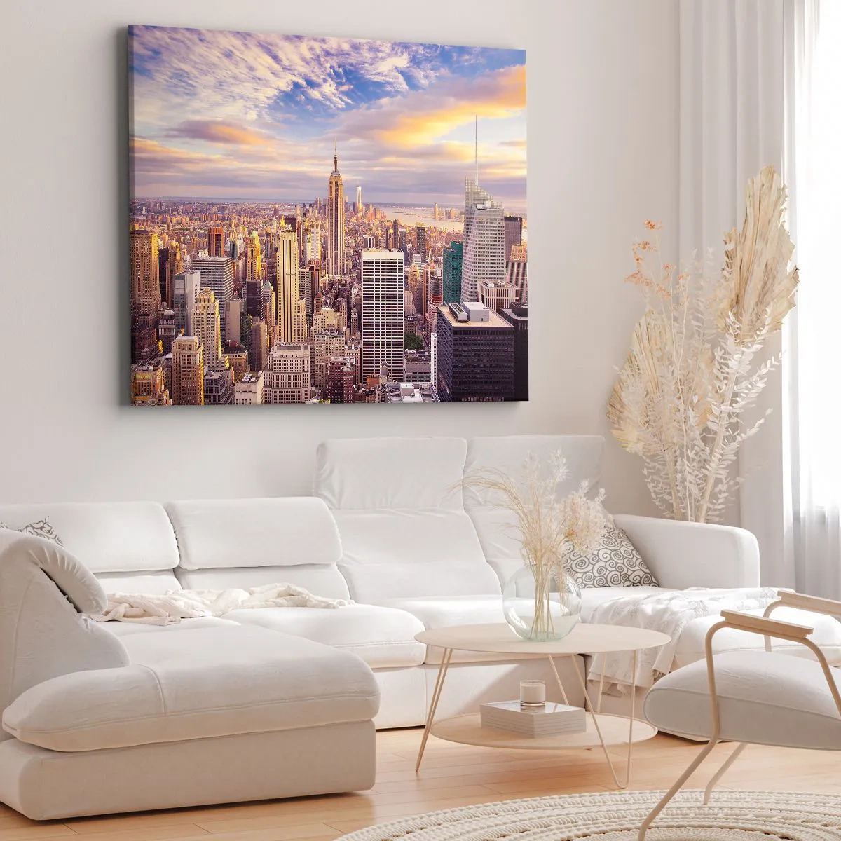 Bild auf Leinwand - Leinwandbild - Panorama einer modernen Stadt mit Wolkenkratzern bei Sonnenuntergang - 120x80cm - Nur nach den Wolken greifen - Moderne Wanddekoration für Wohnzimmer und Schlafzimmer ARTTOR