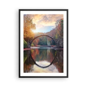 Poster in einem schwarzem Rahmen - Eine Steinbrücke über einen See in einer Herbstlandschaft - 50x70cm - Auf der anderen Seite des Spiegels - Moderne Wanddekoration für Wohnzimmer und Schlafzimmer ARTTOR