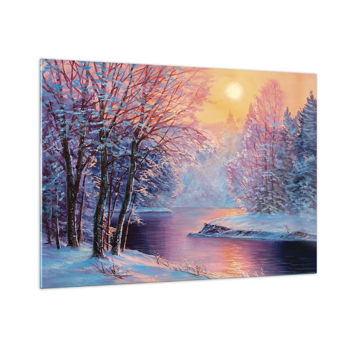 Glasbild - Bild auf glas - Winterlandschaft mit Fluss und Sonnenuntergang - 100x70cm - Die Farben des Winters - Moderne Wanddekoration für Wohnzimmer und Schlafzimmer ARTTOR