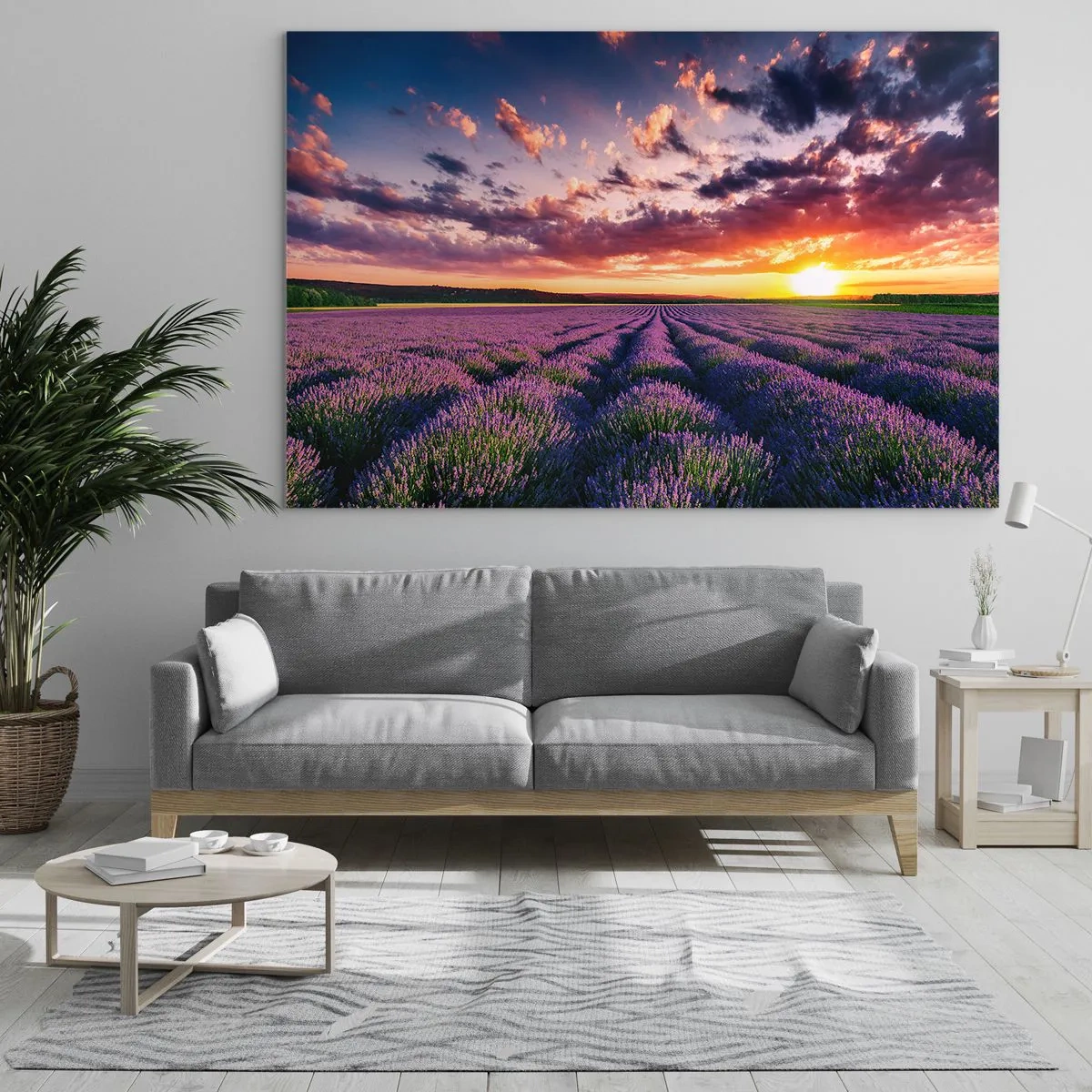 Glasbild - Bild auf glas - Ein Lavendelfeld bei Sonnenuntergang mit buntem Himmel und Wolken - 100x70cm - Lavendel Welt - Moderne Wanddekoration für Wohnzimmer und Schlafzimmer ARTTOR