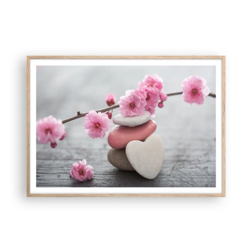 Poster in einem Rahmen aus heller Eiche - Glückseligkeit mit einer Kirschblüte - 100x70 cm