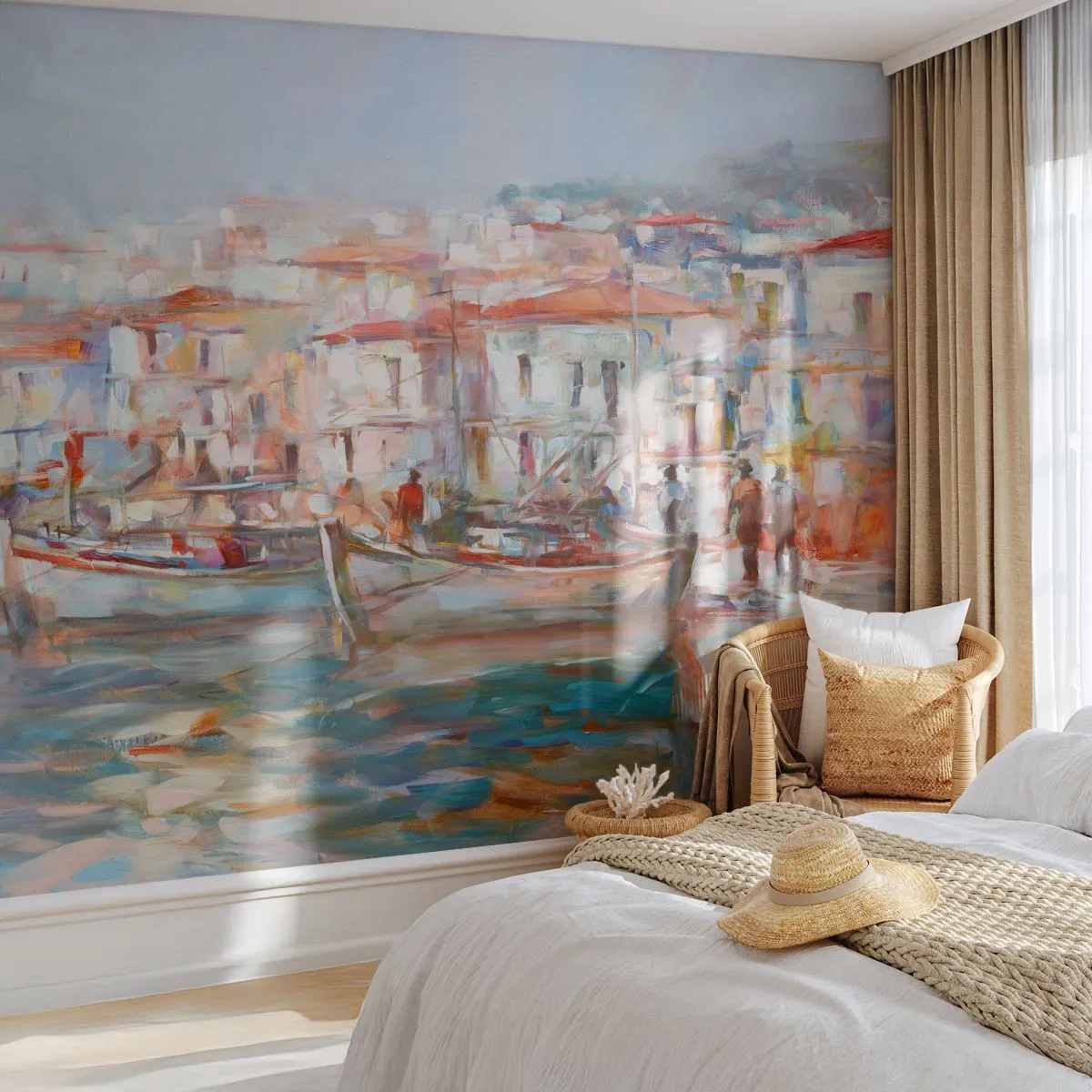 Fototapete Standard Eco - Ein pastellfarbener Hafen mit Booten und Gebäuden am Wasser - 100x70cm - Pastell-Sommerferien - Moderne Wanddekoration für Wohnzimmer und Schlafzimmer ARTTOR