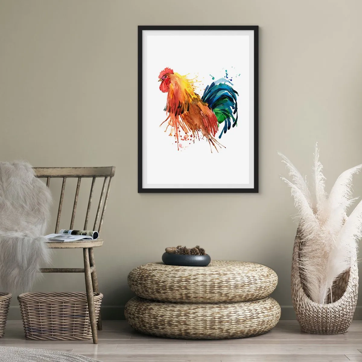 Poster in einem schwarzem Rahmen - Bunter Hahn im Aquarellstil - 50x70cm - Königliches Gewand, königlicher Stolz - Moderne Wanddekoration für Wohnzimmer und Schlafzimmer ARTTOR