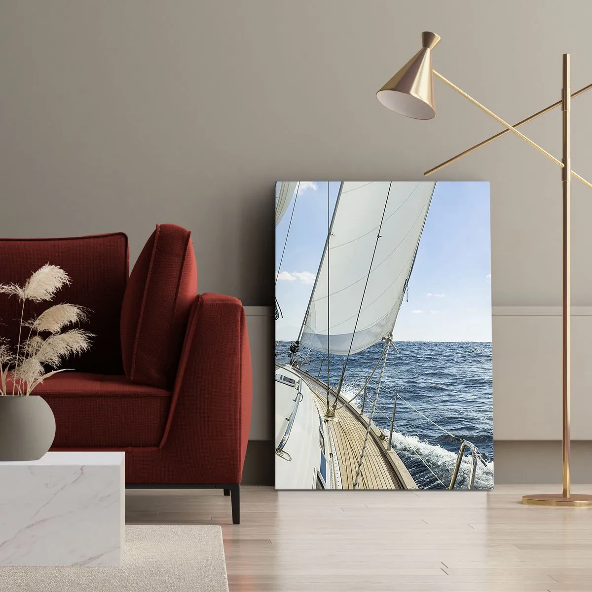 Bild auf Leinwand - Leinwandbild - Ein Segelboot auf ruhiger See unter blauem Himmel - 50x70cm - Ahoi, Abenteuer - Moderne Wanddekoration für Wohnzimmer und Schlafzimmer ARTTOR