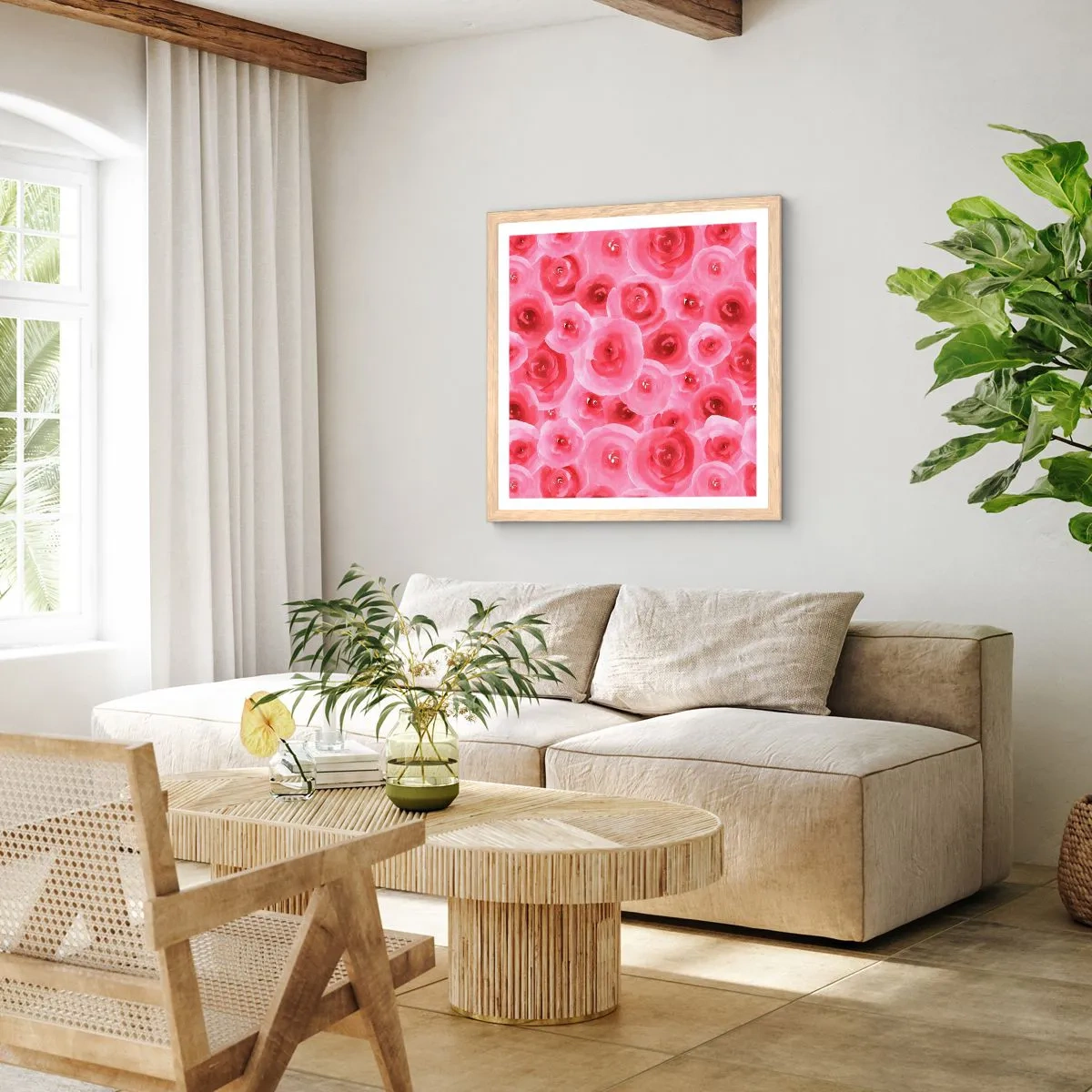 Poster in einem Rahmen aus heller Eiche - Oben und unten Rosen - 30x30 cm