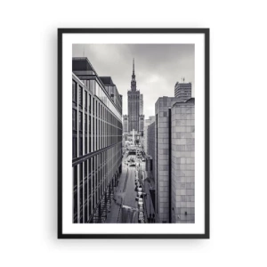 Poster in einem schwarzem Rahmen - Blick auf den Palast der Kultur und Wissenschaft in Warschau in Grautönen - 50x70cm - Warschauer Tal - Moderne Wanddekoration für Wohnzimmer und Schlafzimmer ARTTOR