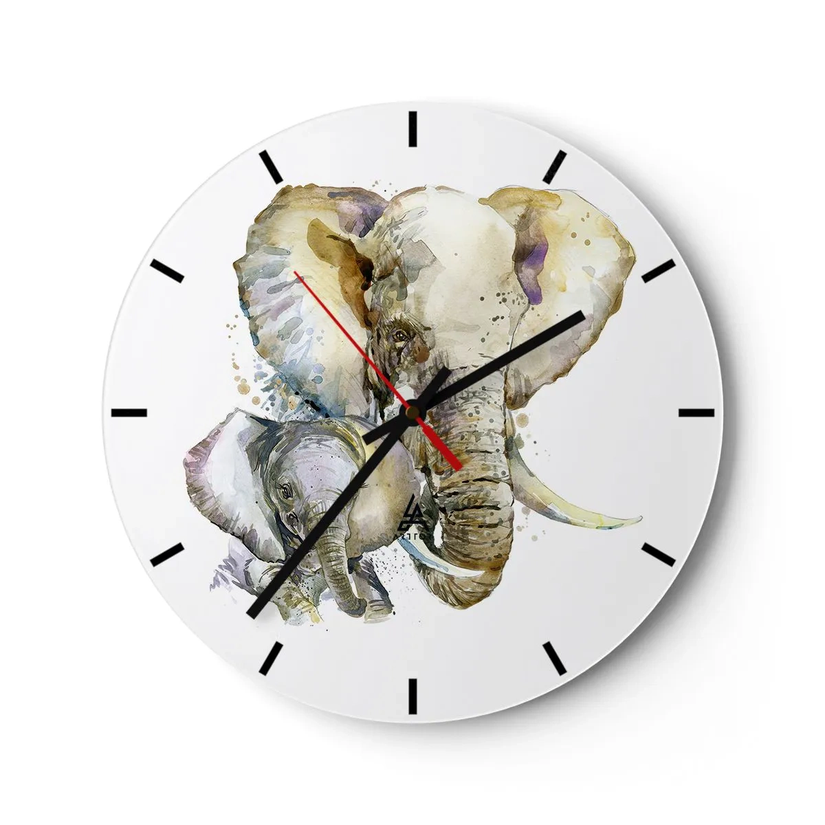 Wanduhr - Glasuhr - Ein Elefant mit einem Kalb im Aquarellstil - 30x30cm - Mama ist kein Zuhause - Moderne Wanddekoration für Wohnzimmer, Küche und Schlafzimmer ARTTOR