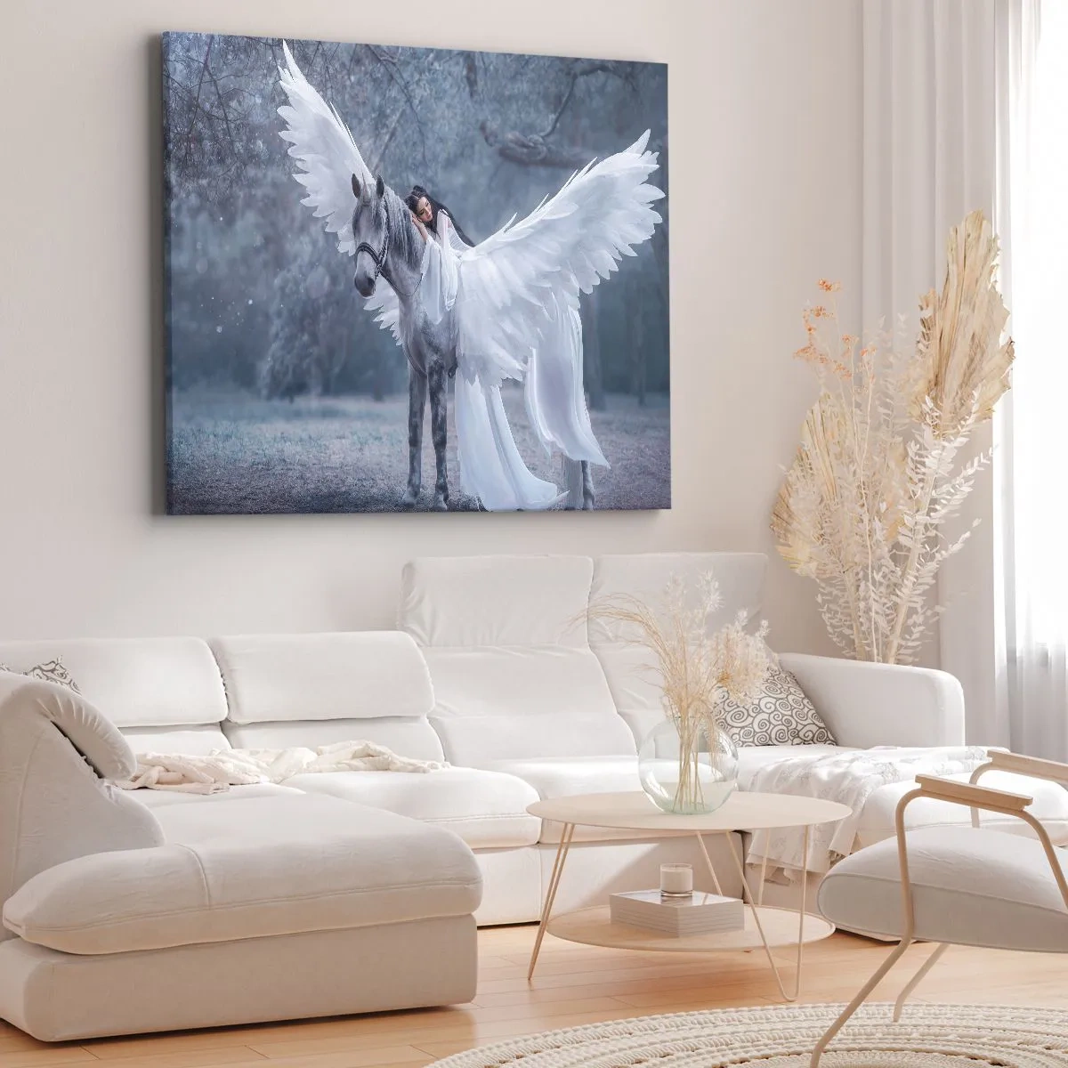 Bild auf Leinwand - Leinwandbild - Eine Frau auf einem weißen Pferd mit Flügeln in einem Zauberwald - 70x50cm - Ein inspirierter Moment - Moderne Wanddekoration für Wohnzimmer und Schlafzimmer ARTTOR