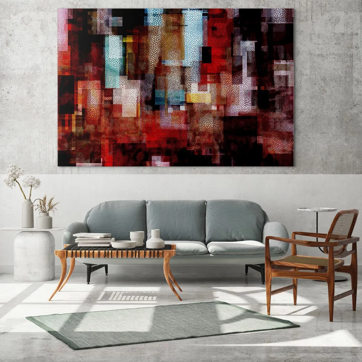 Glasbild - Bild auf glas - Abstrakte geometrische Komposition in Rottönen - 100x70cm - Verwirrung mit Verwirrung - Moderne Wanddekoration für Wohnzimmer und Schlafzimmer ARTTOR