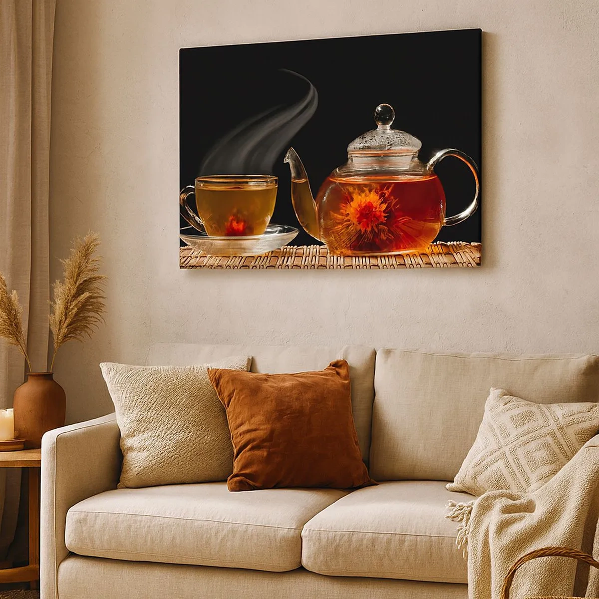 Bild auf Leinwand - Leinwandbild - Glasteekanne mit Blumentee und einer Tasse - 70x50cm - Die Magie und Kunst des Teezubereitens - Moderne Wanddekoration für Wohnzimmer und Schlafzimmer ARTTOR
