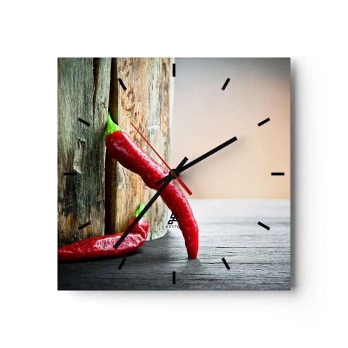 Wanduhr - Glasuhr - Zwei rote Chilischoten auf einem hölzernen Hintergrund mit rustikalem Akzent - 30x30cm - Red hot chili peppers - Moderne Wanddekoration für Wohnzimmer und Schlafzimmer ARTTOR