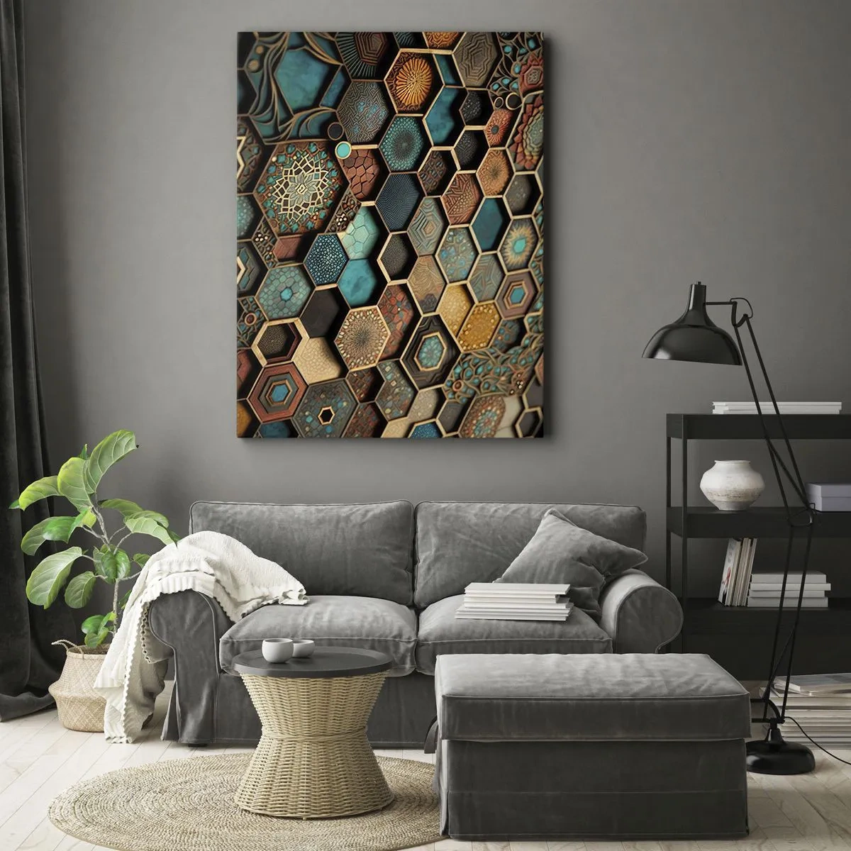 Bild auf Leinwand - Leinwandbild - Bunte Ornamente in sechseckigen Mustern - 50x70cm - Arabische Ornamente – Variation - Moderne Wanddekoration für Wohnzimmer und Schlafzimmer ARTTOR