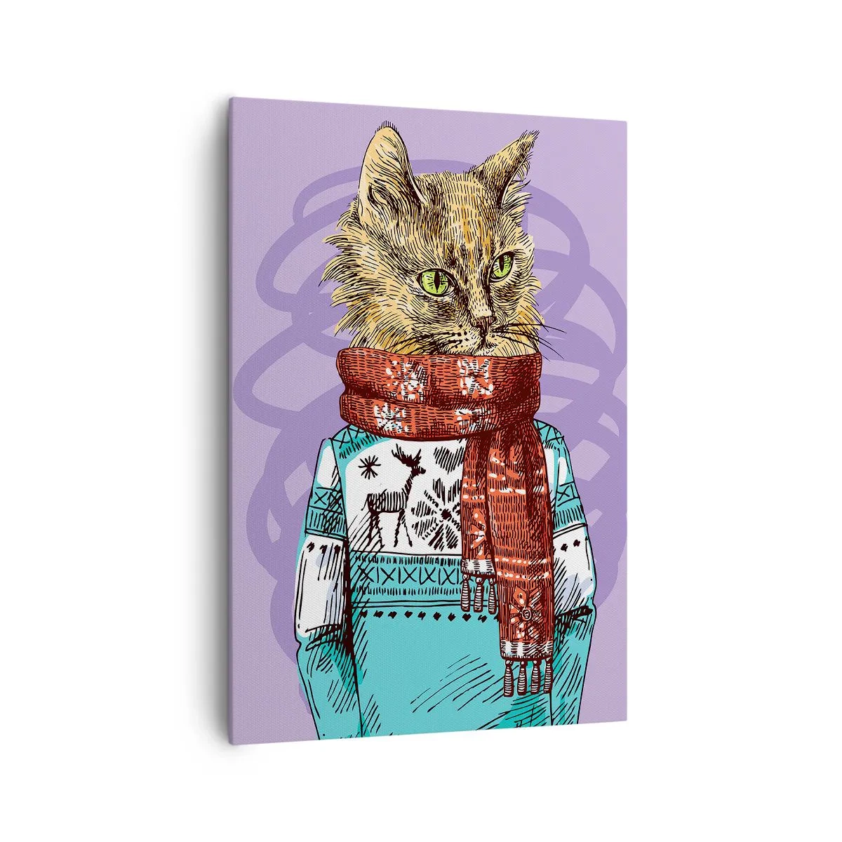 Bild auf Leinwand - Leinwandbild - Eine Katze in Pullover und Schal auf violettem Hintergrund - 70x100cm - Die Katze nicht nur in Schuhen - Moderne Wanddekoration für Wohnzimmer und Schlafzimmer ARTTOR