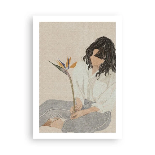 Poster - Porträt einer Frau mit einer exotischen Blume, mit einem zarten Hauch von Farbe - 50x70cm - Porträt mit einer exotischen Blume - Moderne Wanddekoration für Wohnzimmer und Schlafzimmer ARTTOR