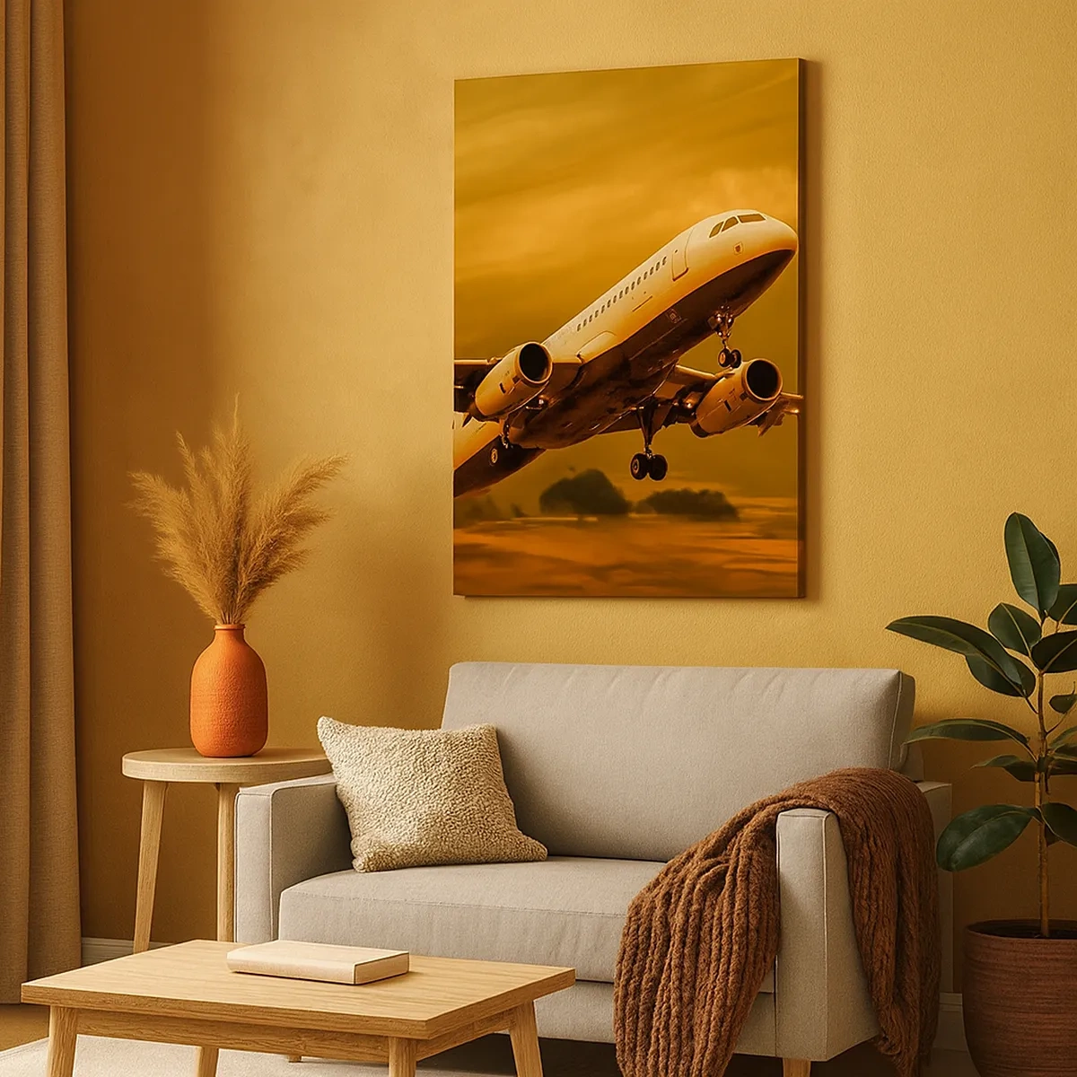 Bild auf Leinwand - Leinwandbild - Ein Passagierflugzeug hebt vor einem goldenen Sonnenuntergangshimmel ab. - 50x70cm - Flug der Sonne entgegen - Moderne Wanddekoration für Wohnzimmer und Schlafzimmer ARTTOR