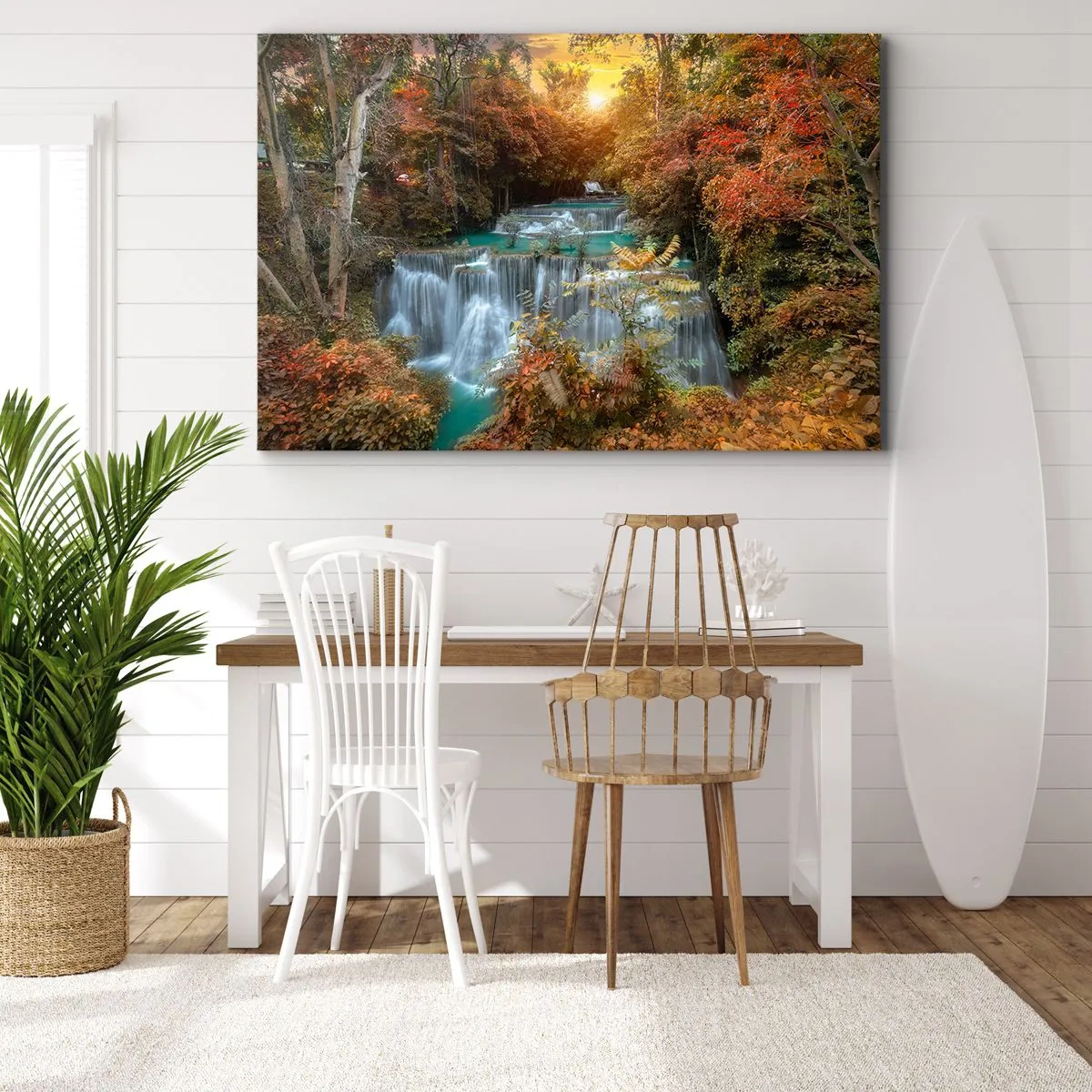 Bild auf Leinwand - Leinwandbild - Herbstlicher Wasserfall, umgeben von bunten Bäumen im Sonnenlicht - 120x80cm - Versteckter Schatz des Waldes - Moderne Wanddekoration für Wohnzimmer und Schlafzimmer ARTTOR
