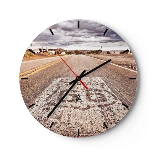 Wanduhr - Glasuhr - Route 66 unter bewölktem Himmel - 30x30cm - Mother Road - eine amerikanische Legende - Moderne Wanddekoration für Wohnzimmer, Küche und Schlafzimmer ARTTOR