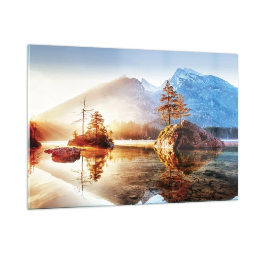 Glasbild - Bild auf glas - Berglandschaft am Morgen mit Bäumen und Spiegelbild im See - 120x80cm - Natur in neuem Licht - Moderne Wanddekoration für Wohnzimmer und Schlafzimmer ARTTOR