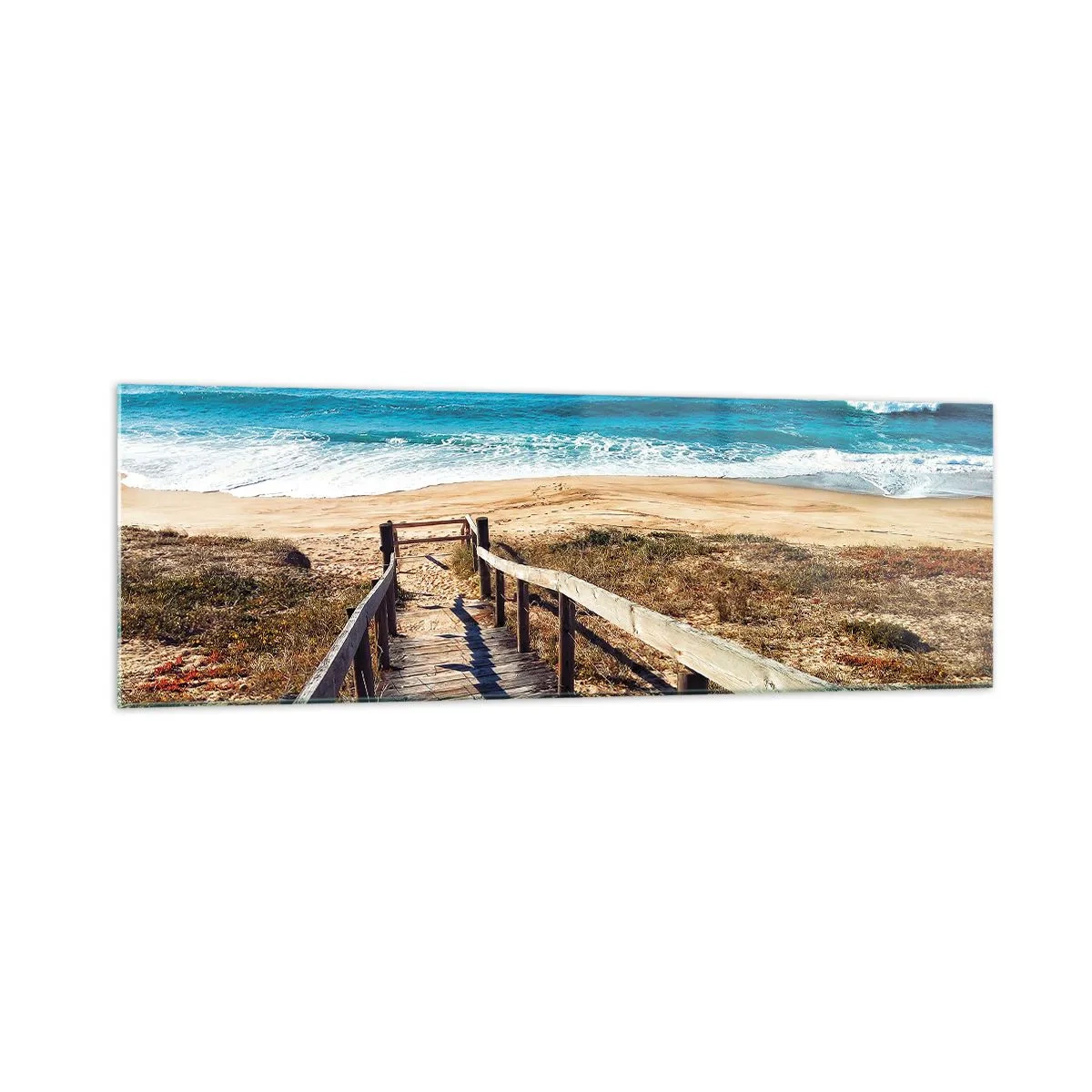 Glasbild - Bild auf glas - Holzweg zum Strand - 160x50cm - Lauf! - Moderne Wanddekoration für Wohnzimmer und Schlafzimmer ARTTOR