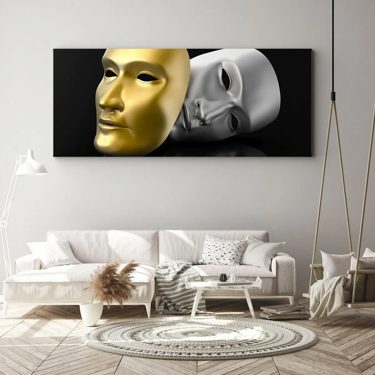 Bild auf Leinwand - Leinwandbild - Gold- und Silbermaske auf schwarzem Hintergrund - 140x50cm - Das Leben ist wie ein Theater - Moderne Wanddekoration für Wohnzimmer und Schlafzimmer ARTTOR