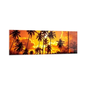 Glasbild - Bild auf glas - Palmen vor einem goldenen Himmel während eines tropischen Sonnenuntergangs - 160x50cm - Berge brennen, Wälder brennen - Moderne Wanddekoration für Wohnzimmer und Schlafzimmer ARTTOR