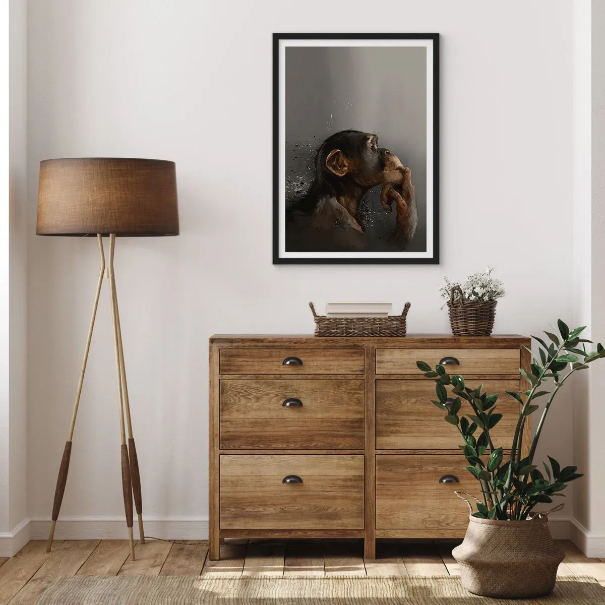 Poster in einem schwarzem Rahmen - Porträt eines denkenden Affen in sanften Grautönen mit abstraktem Hintergrund - 50x70cm - Sicherlich ein Denker - Moderne Wanddekoration für Wohnzimmer und Schlafzimmer ARTTOR