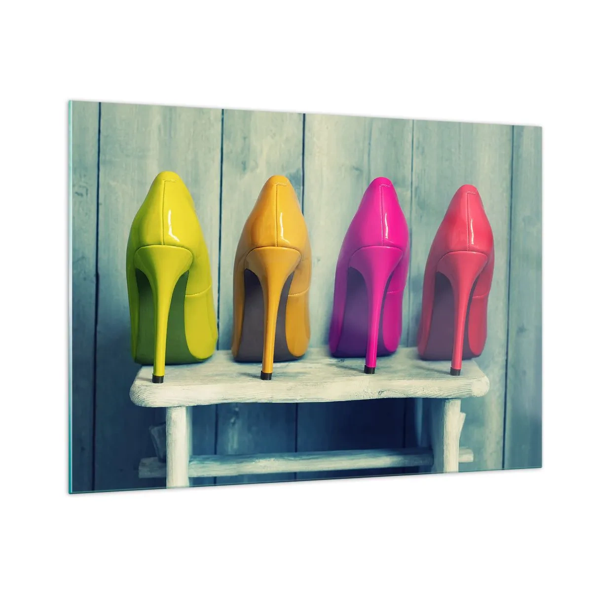 Glasbild - Bild auf glas - Vier bunte Stecknadeln auf einer Holzbank angeordnet - 100x70cm - Spazierengehen auf dem Regenbogen - Moderne Wanddekoration für Wohnzimmer und Schlafzimmer ARTTOR