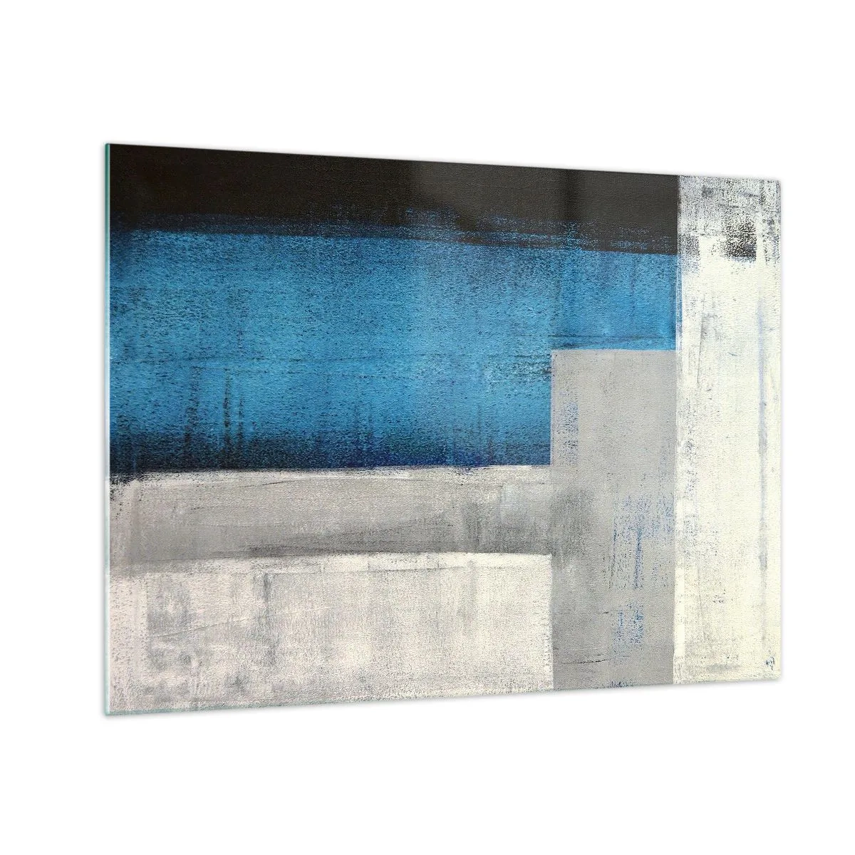 Glasbild - Bild auf glas - Geometrische Abstraktion in Blau, Grau und Weiß - 70x50cm - Poetische Komposition aus Grau und Blau - Moderne Wanddekoration für Wohnzimmer und Schlafzimmer ARTTOR