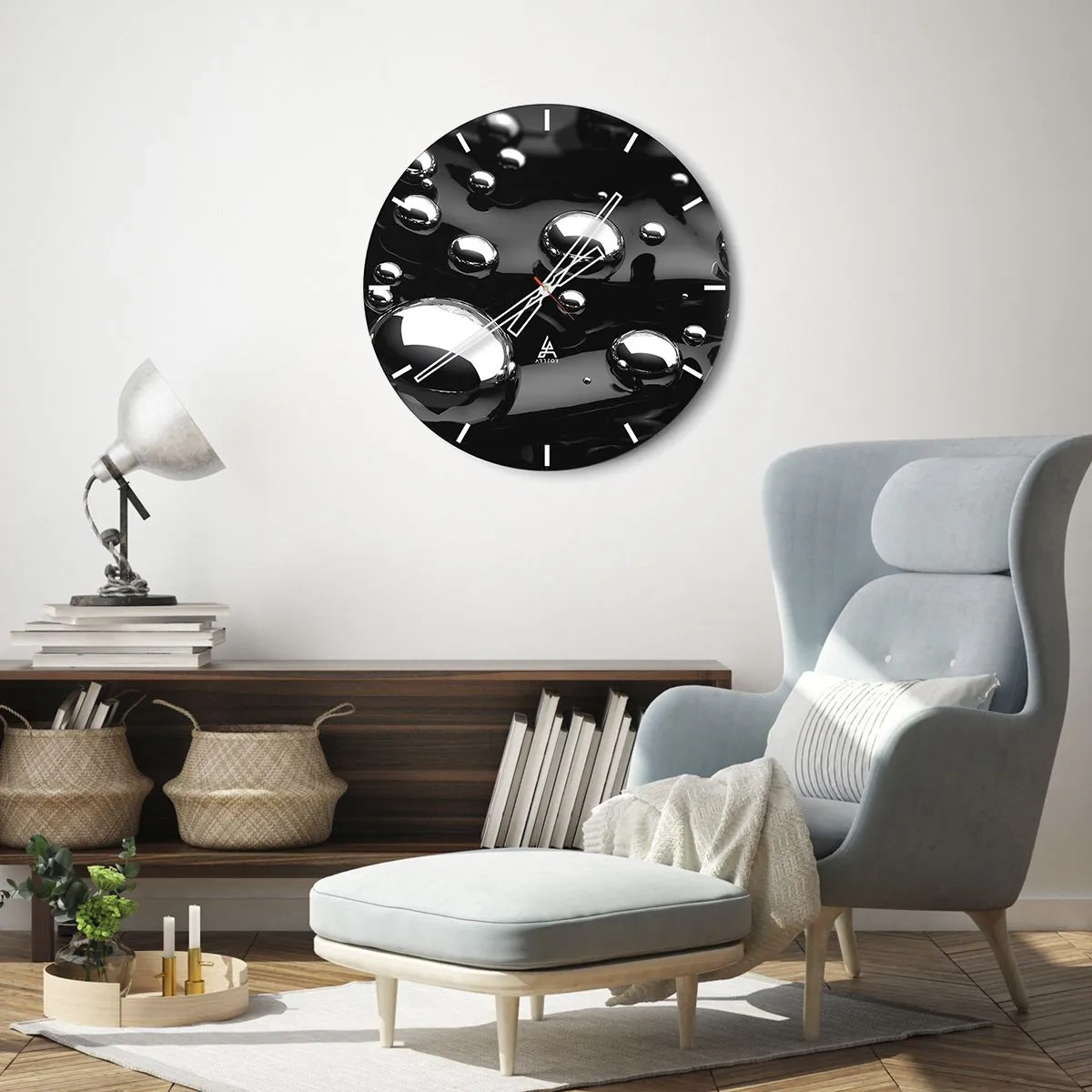 Wanduhr - Glasuhr - Schwarzer Hintergrund mit schimmernden Wassertropfen - 30x30cm - Aus der schwarzen Wassertiefe - Moderne Wanddekoration für Wohnzimmer, Küche und Schlafzimmer ARTTOR