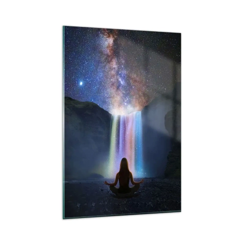 Glasbild - Bild auf glas - Meditation vor einem Wasserfall inmitten der Sterne - 80x120cm - Absolute Harmonie - Moderne Wanddekoration für Wohnzimmer und Schlafzimmer ARTTOR