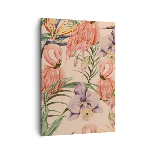 Bild auf Leinwand - Leinwandbild - Flamingos und tropische Blumen auf hellem Hintergrund - 50x70cm - Rosa Ballett in Blumen - Moderne Wanddekoration für Wohnzimmer und Schlafzimmer ARTTOR