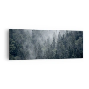 Bild auf Leinwand - Leinwandbild - Nebliger Nadelwald in Grau- und Grüntönen - 140x50cm - Walddämmerung - Moderne Wanddekoration für Wohnzimmer und Schlafzimmer ARTTOR