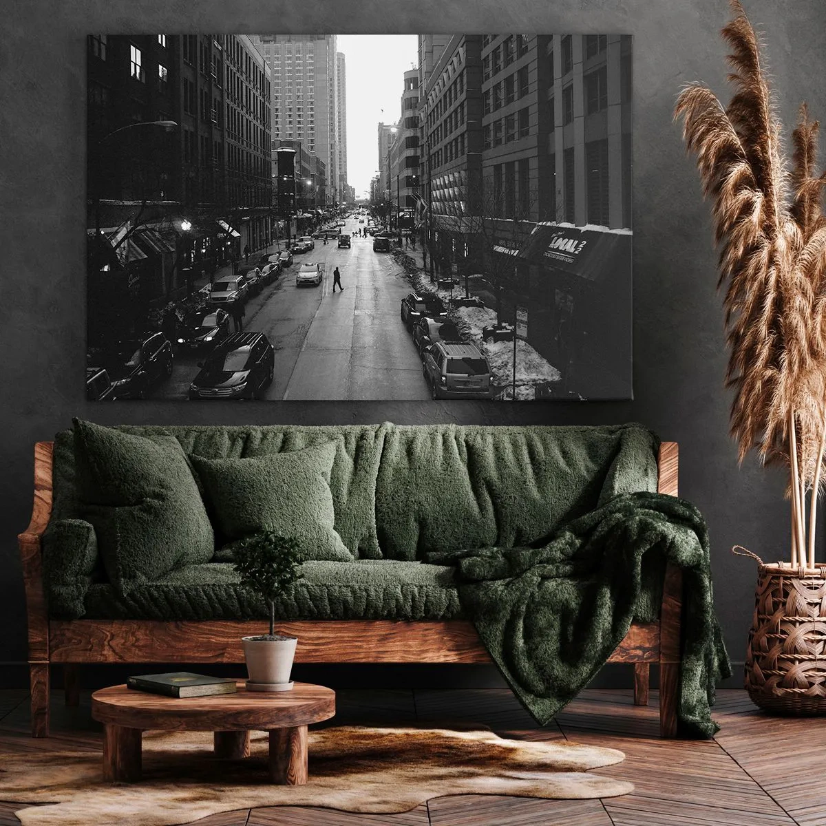 Bild auf Leinwand - Leinwandbild - Eine schwarz-weiße Straße mitten in der Stadt mit Autos und Fußgängern - 70x50cm - Ein weiterer Tag wie jeder andere Tag - Moderne Wanddekoration für Wohnzimmer und Schlafzimmer ARTTOR