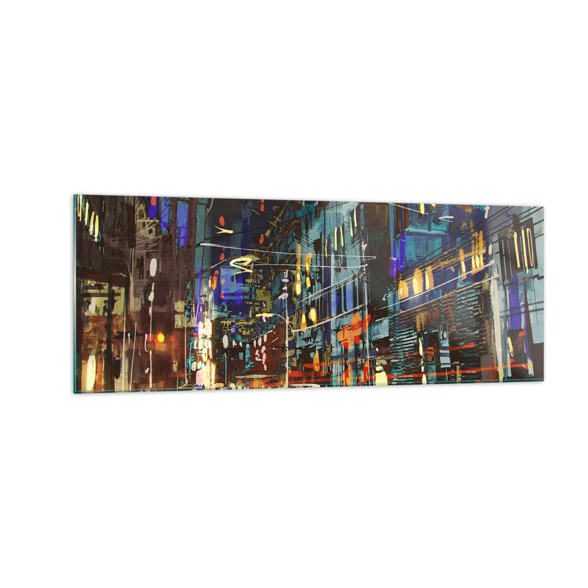 Glasbild - Bild auf glas - Stadtnachtszene mit Neonlichtern - 140x50cm - Abendlicher Straßentrubel - Moderne Wanddekoration für Wohnzimmer und Schlafzimmer ARTTOR