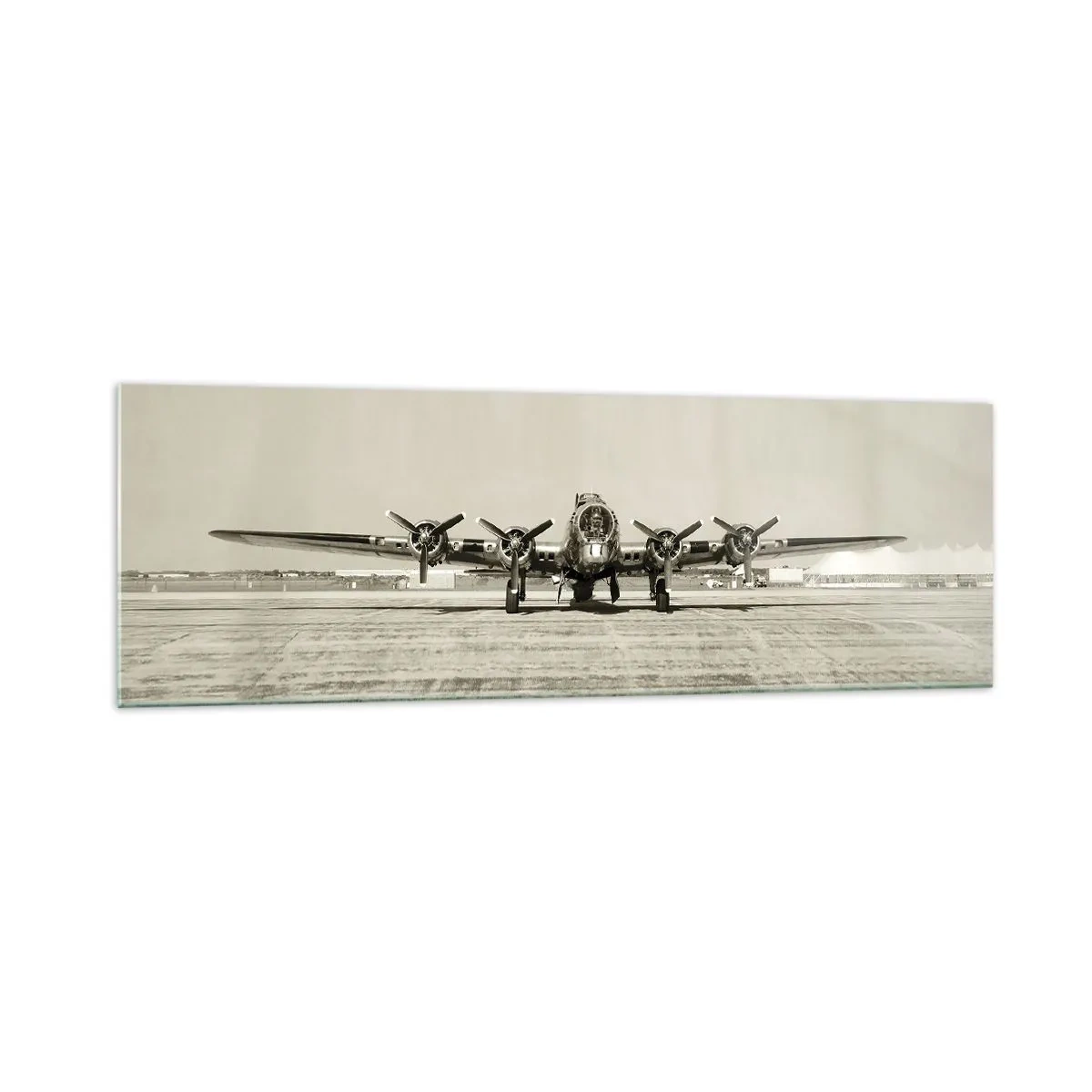 Glasbild - Bild auf glas - Historisches Flugzeug auf dem Flughafen in Sepia - 160x50cm - Wie immer bereit - Moderne Wanddekoration für Wohnzimmer und Schlafzimmer ARTTOR