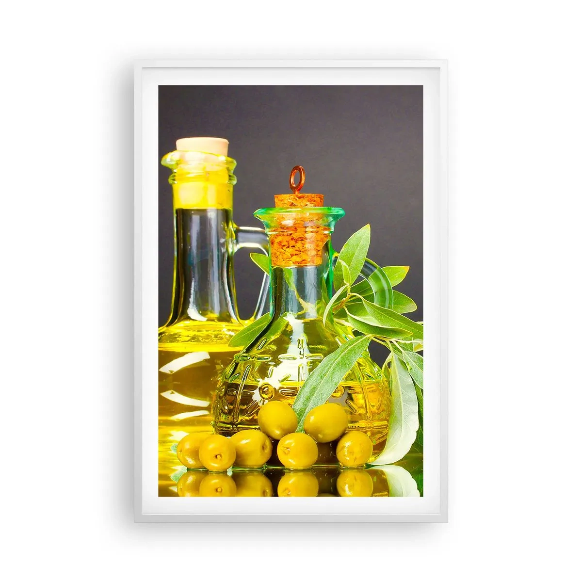 Poster in einem weißen Rahmen - Stillleben mit Oliven und Olivenöl - 61x91 cm