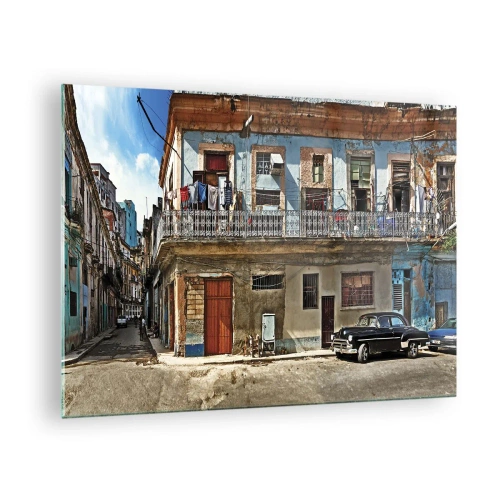 Glasbild - Bild auf glas - Retro-Straße mit klassischen Gebäuden und einem Auto - 70x50cm - Havanna-Stimmung - Moderne Wanddekoration für Wohnzimmer und Schlafzimmer ARTTOR