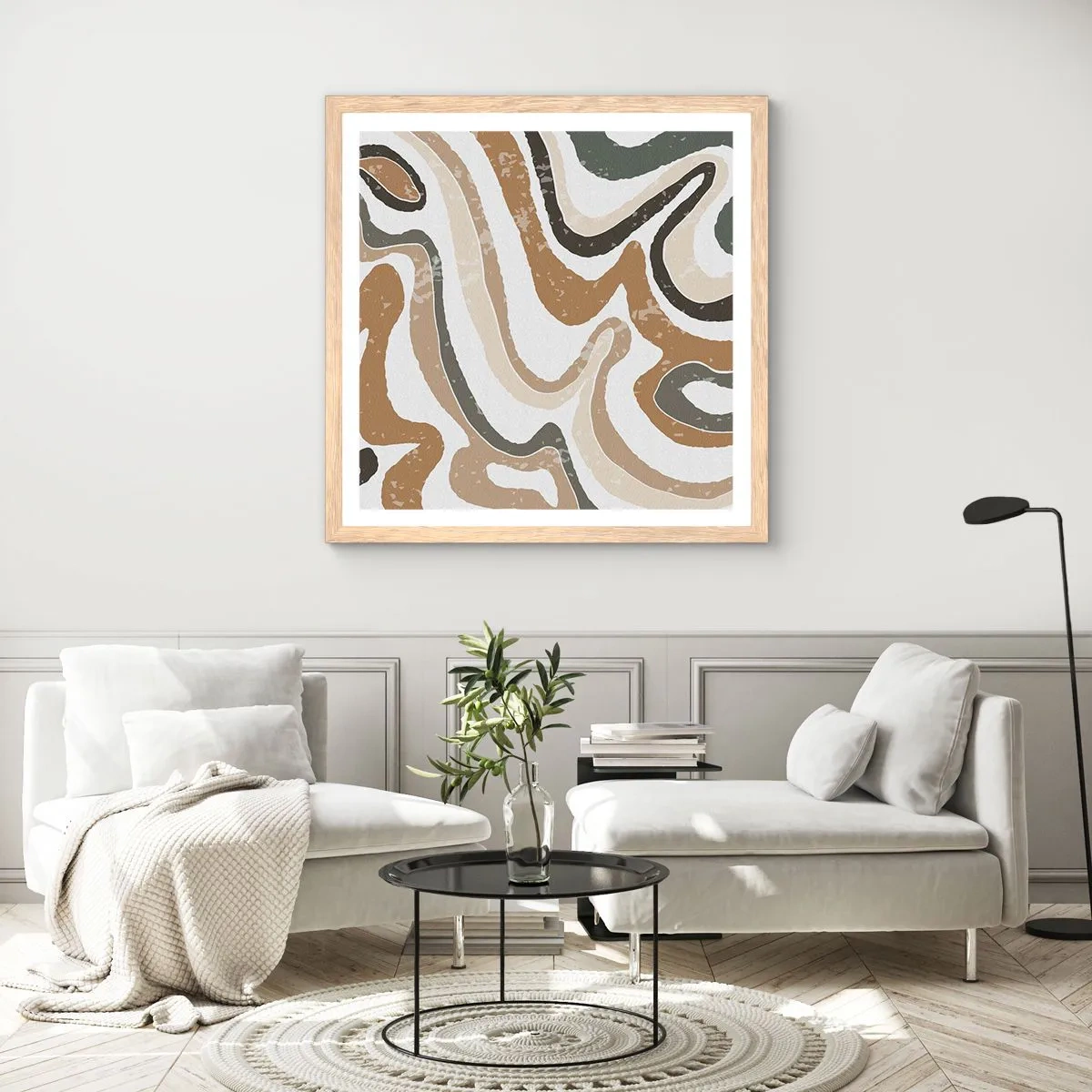 Poster in einem Rahmen aus heller Eiche - Mäander in Erdfarben - 30x30 cm