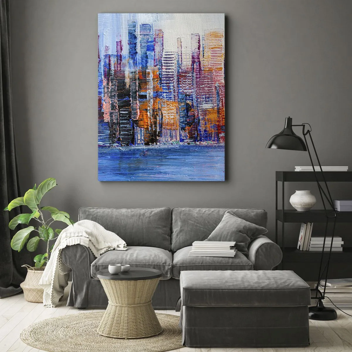 Bild auf Leinwand - Leinwandbild - Ein farbenfrohes Panorama der Stadt mit Spiegelungen auf dem Wasser - 50x70cm - Fröhliche Metropole - Moderne Wanddekoration für Wohnzimmer und Schlafzimmer ARTTOR